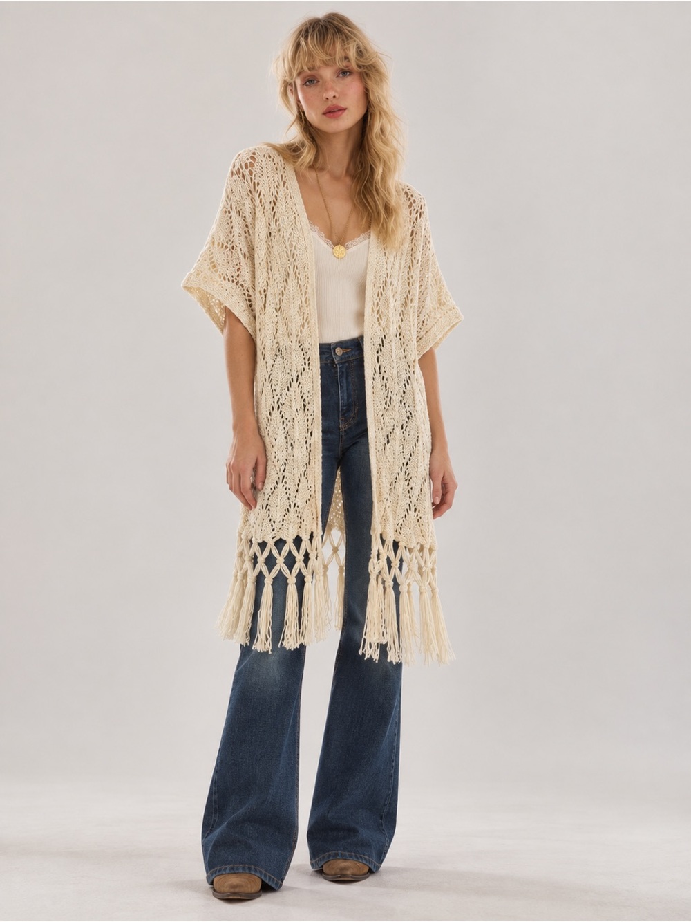 American Eagle Cream Crochet Fringe Longline Vest XS/S Boho Duster